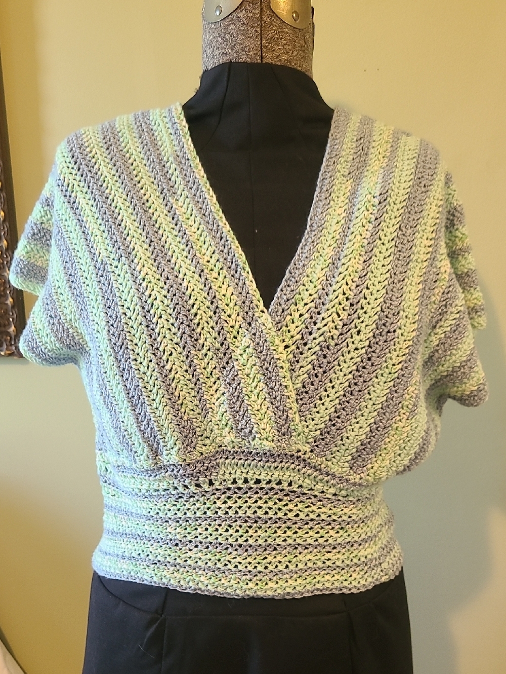 Grey Dove Creations Women’s Cropped V-Neck Hand Crocheted Sweater, Blue and Mint